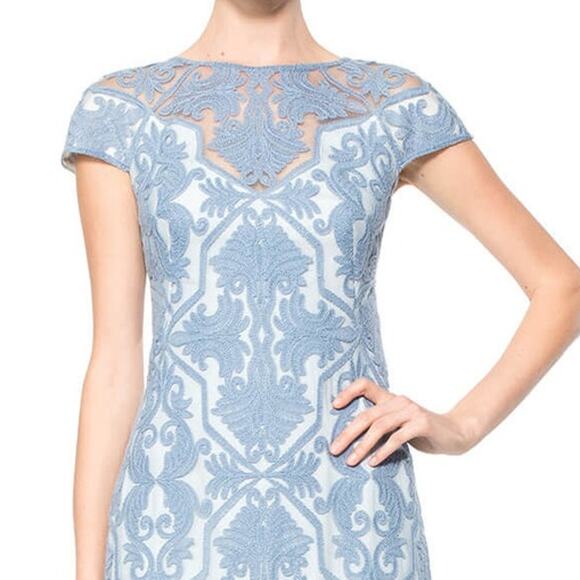 Tadashi Shoji Blue Stone Cotton Embroidered Tulle Cap Sleeve Dress Size 4 - Picture 2 of 9